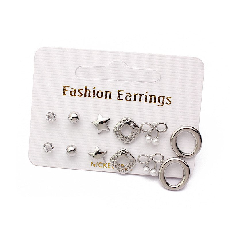 6pair/set Korean Cute Silver and Rose Gold Earrings For Women Cross Star Heart Pearl Earrings Wholesale Jewelry boucle d'oreille