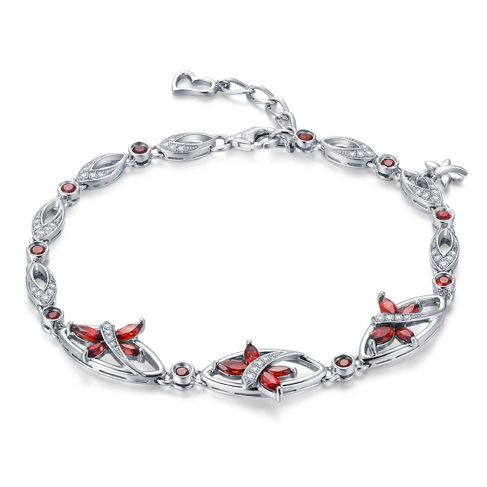 7.0ct Natural Red Garnet Stone Sterling Silver Flying With Butterfly Bracelet