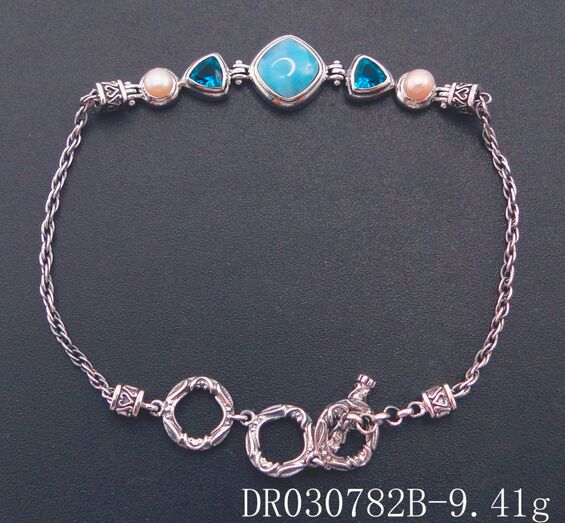 7.25 Natural Larimar& Pearl Bracelet Fine Jewelry Accessories 925 Sterling Silver Woman Fashion Bangle Bracelets