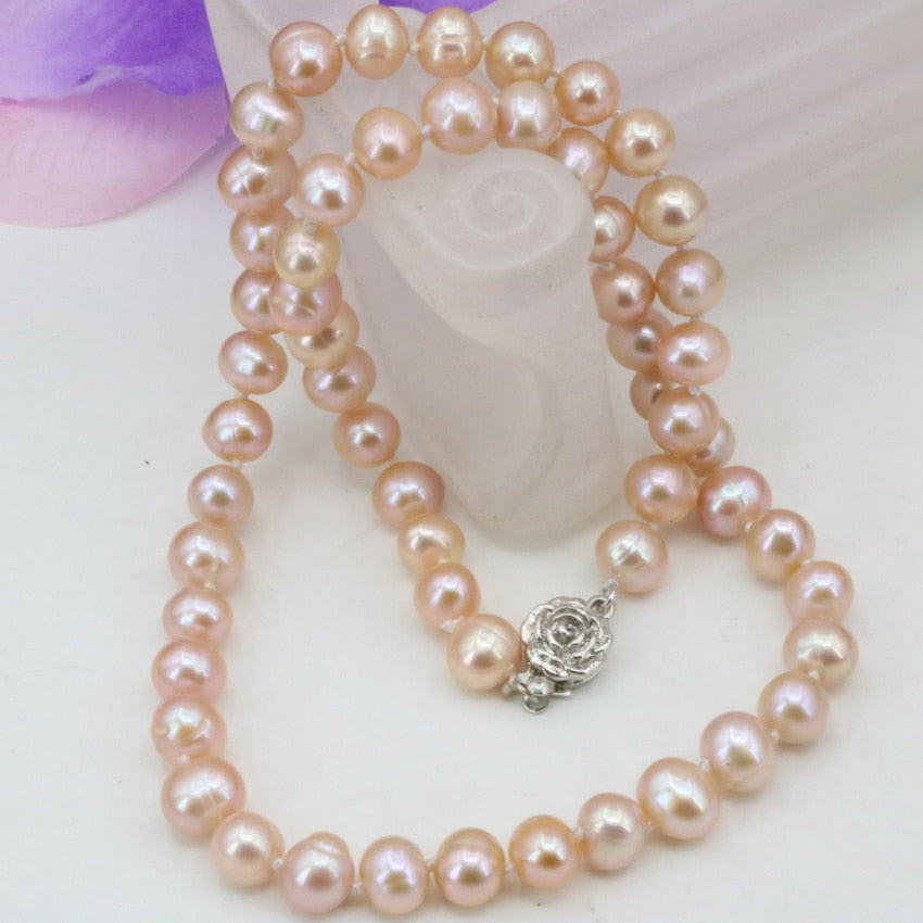 7-8mm natural cultured freshwater orange nearround pearl beads chain clavicle necklace for women elegant jewelry 18inch B3224