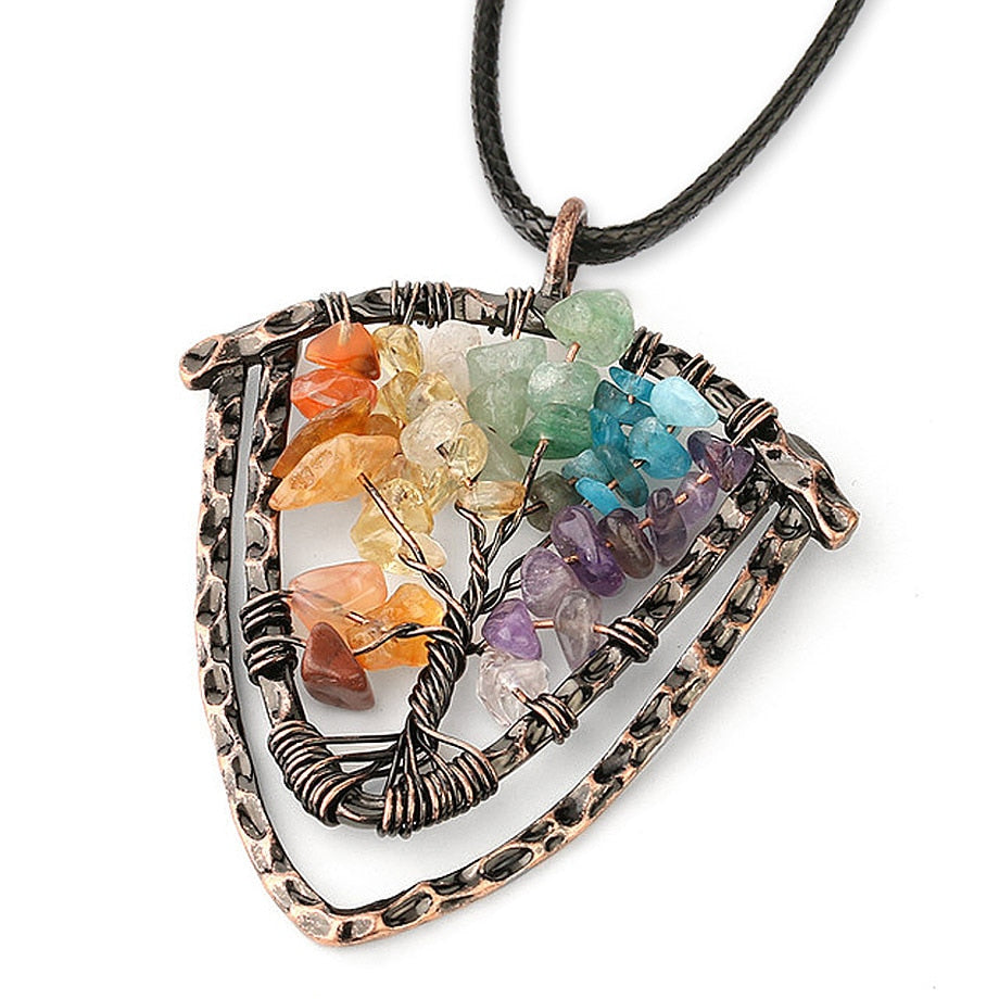 7 Chakra Crystal Jewelry Handmade Natural Stone Pendants Necklace Tree of Life Wire Wrap Chip Beads Vintage Bronze Plating Metal