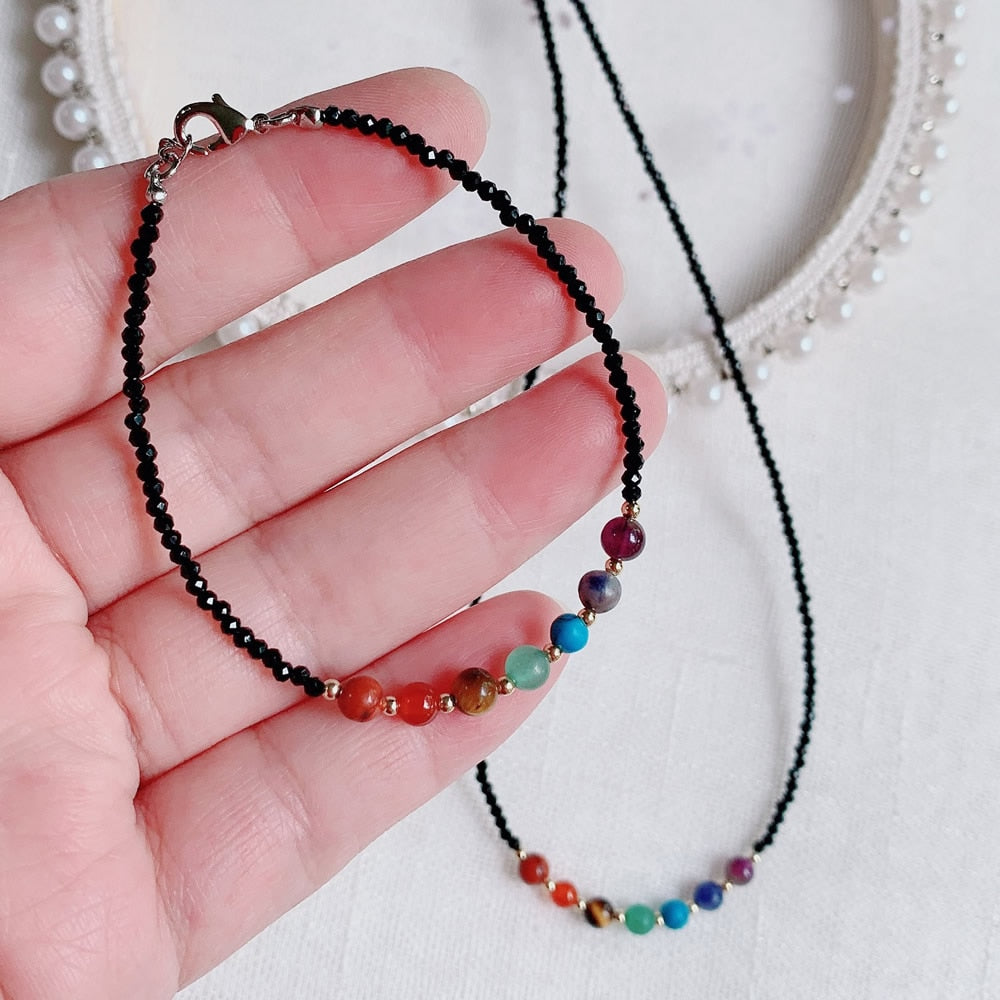 7 Chakras Crystal Stone Necklace for Women Seven Colorful Quartz 2mm Small Black Obsidian Choker Necklace Reiki Healing Jewelry
