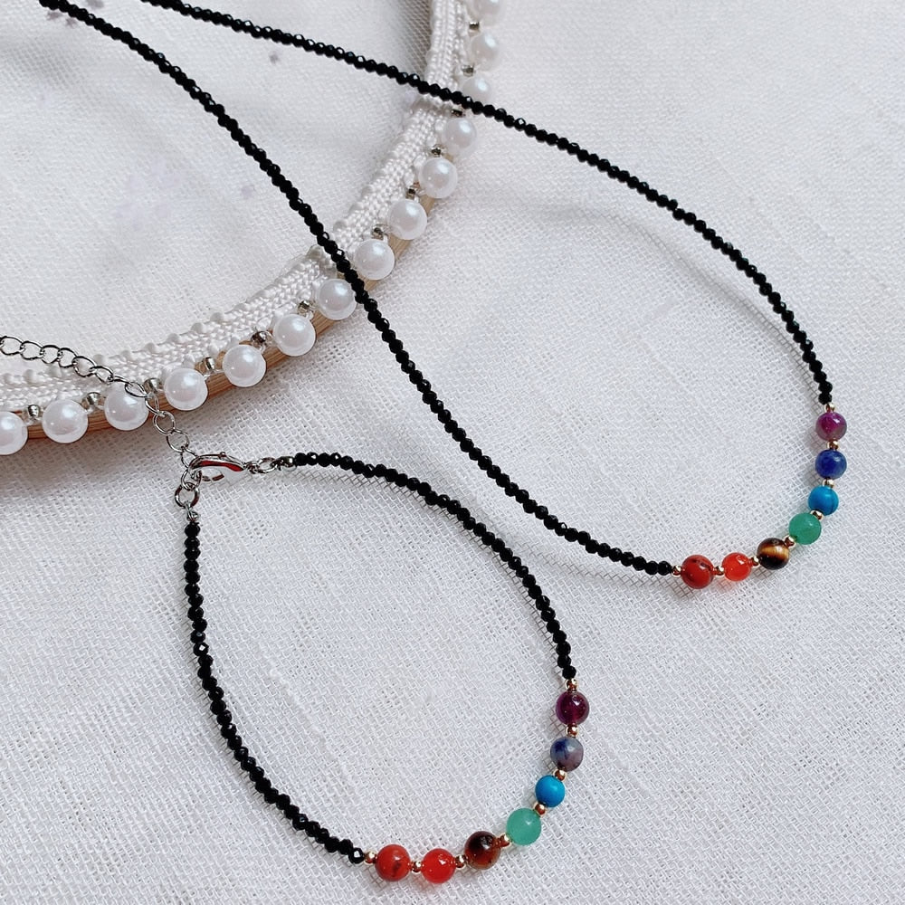 7 Chakras Crystal Stone Necklace for Women Seven Colorful Quartz 2mm Small Black Obsidian Choker Necklace Reiki Healing Jewelry