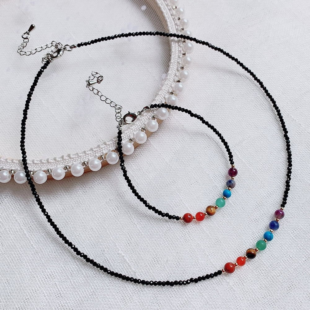 7 Chakras Crystal Stone Necklace for Women Seven Colorful Quartz 2mm Small Black Obsidian Choker Necklace Reiki Healing Jewelry