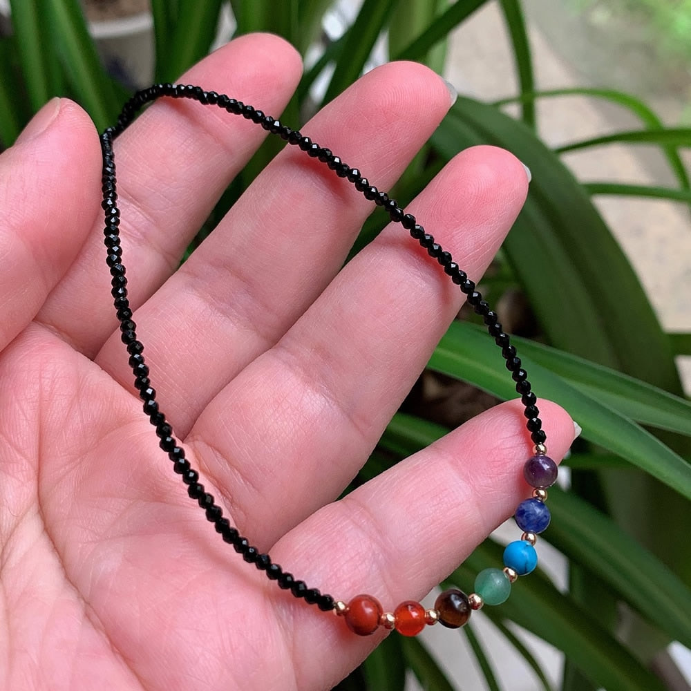 7 Chakras Crystal Stone Necklace for Women Seven Colorful Quartz 2mm Small Black Obsidian Choker Necklace Reiki Healing Jewelry