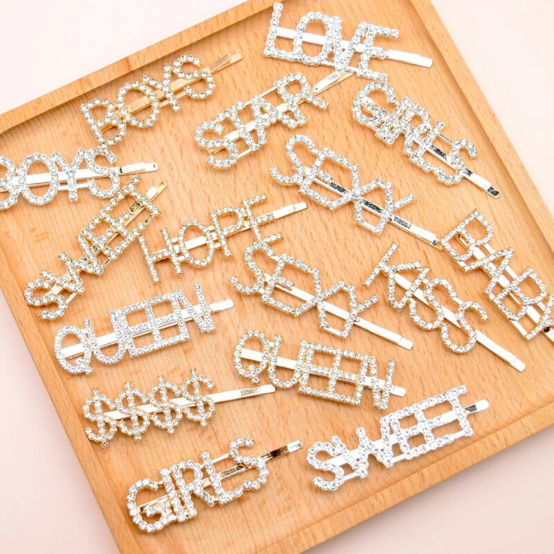 70 Style Headwear For Women Letter Hair Clip Girls Hair Accessories Fashion Charm Cute Rhinestone Gold Silver Queen