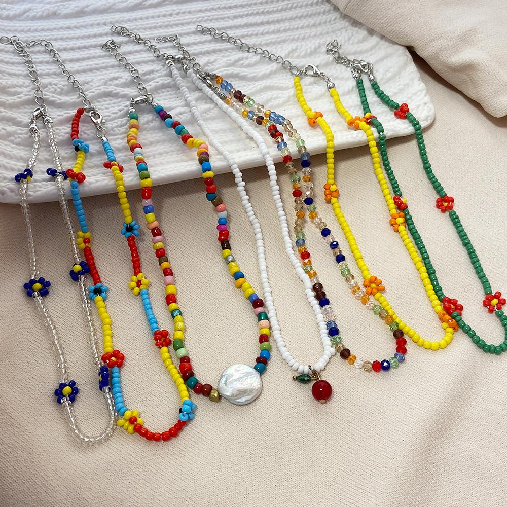 7Pcs/Set Trendy Bead Strand Beaded Choker Necklace For Women Bohemian Colorful Handmade Daisy Pearl Necklace Collar Jewelry