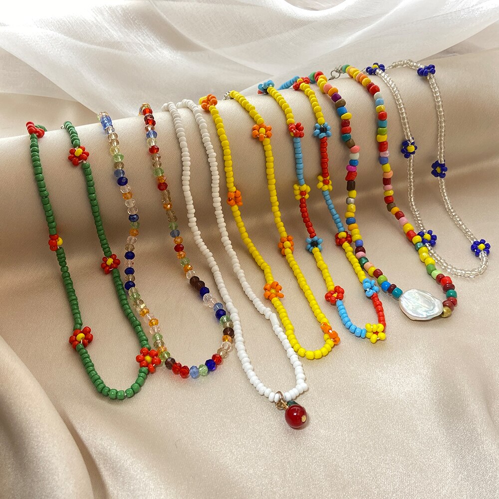 7Pcs/Set Trendy Bead Strand Beaded Choker Necklace For Women Bohemian Colorful Handmade Daisy Pearl Necklace Collar Jewelry