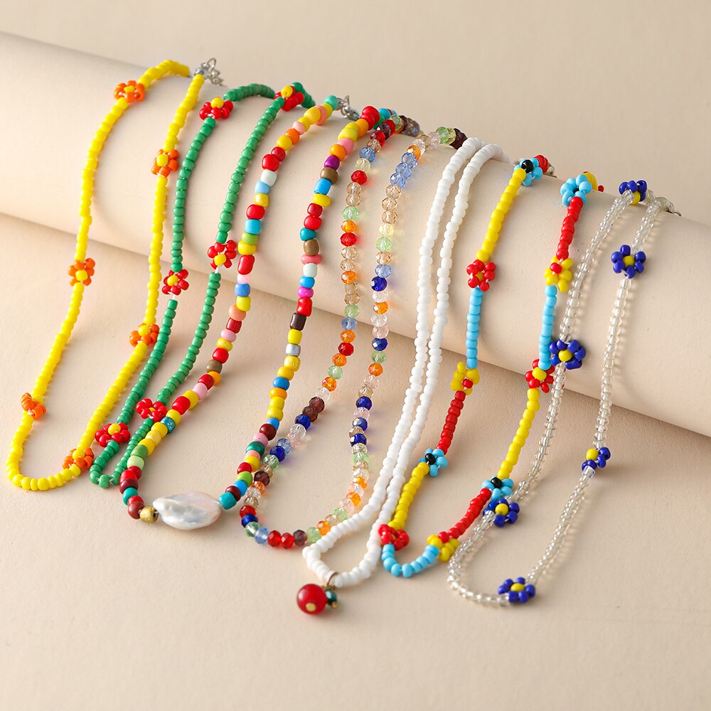 7Pcs/Set Trendy Bead Strand Beaded Choker Necklace For Women Bohemian Colorful Handmade Daisy Pearl Necklace Collar Jewelry