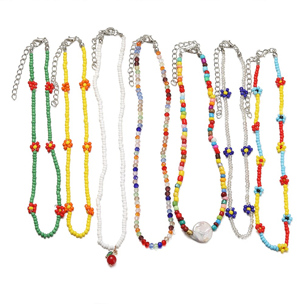 7Pcs/Set Trendy Bead Strand Beaded Choker Necklace For Women Bohemian Colorful Handmade Daisy Pearl Necklace Collar Jewelry