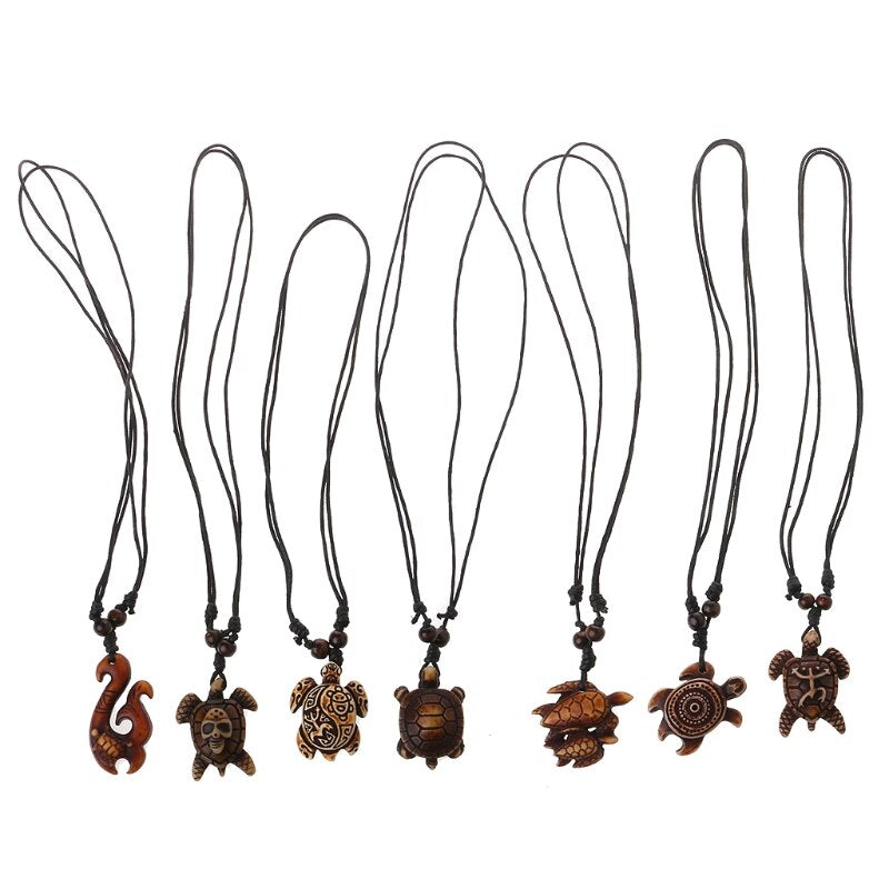 7pcs Ethnic Tribal Faux Yak Bone Lucky Surfing Wood Sea Turtle Pendants Necklace