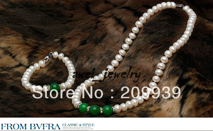 8-9mm White Pearl Green jade 12mm Crystal Pendant Necklace & bracelet set