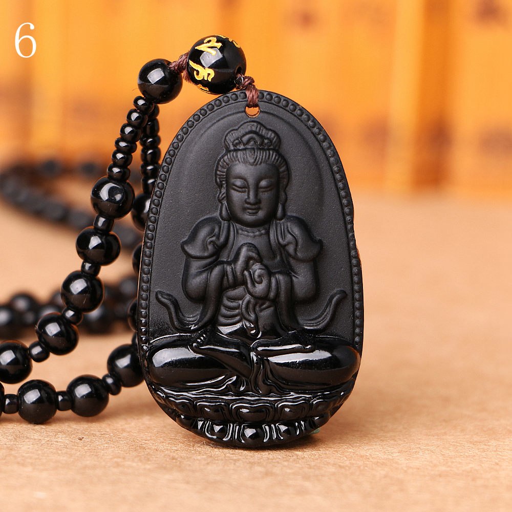 8 patron saint Natural Black Obsidian Carved Buddha Amulet Pendant Necklace Women Men Pendant Obsidian charm Jewelry 48 * 32mm
