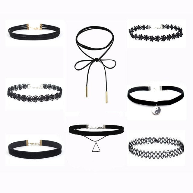 8 style/set Belt Multilayer Velvet Choker Necklaces Black Lace Tattoo Triangle yin yang chocker necklace Gothic Fashion jewelry
