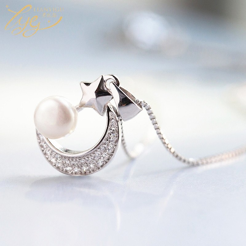 808 STORE Fine Jewelry Crystal Silver Necklace Women Wedding Jewelry Pearl Stars Moon Pendant Fashion Accessories