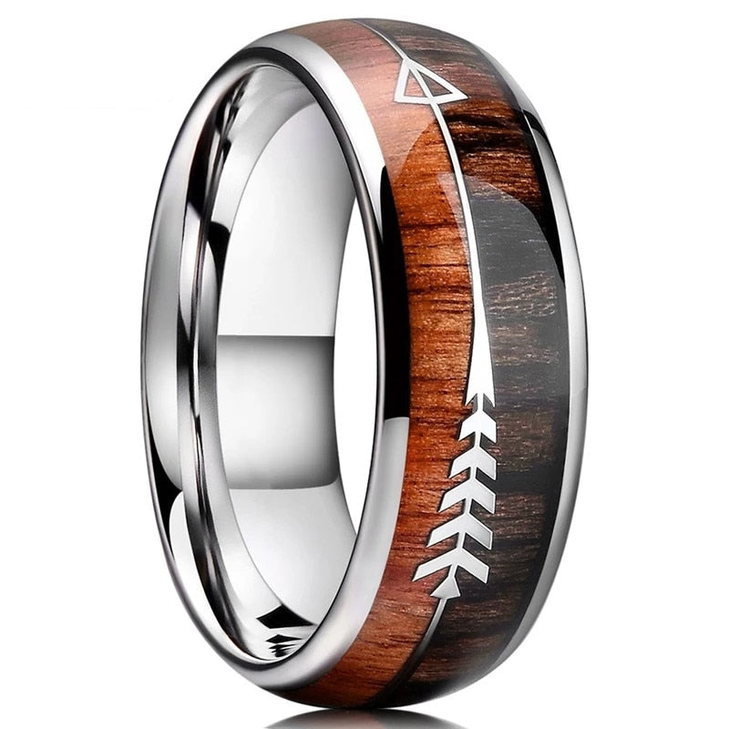 8MM Men  Ring Stainless Steel Wood Inlaid Arrow Rings Wedding Band Anniversary Birthday Gift Jewelry