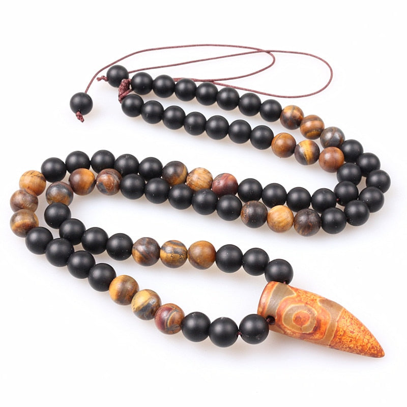 8MM Natural Tiger Eye Stone & Vintage Natural Tibetan Dzi Agates horn tooth pendants necklace