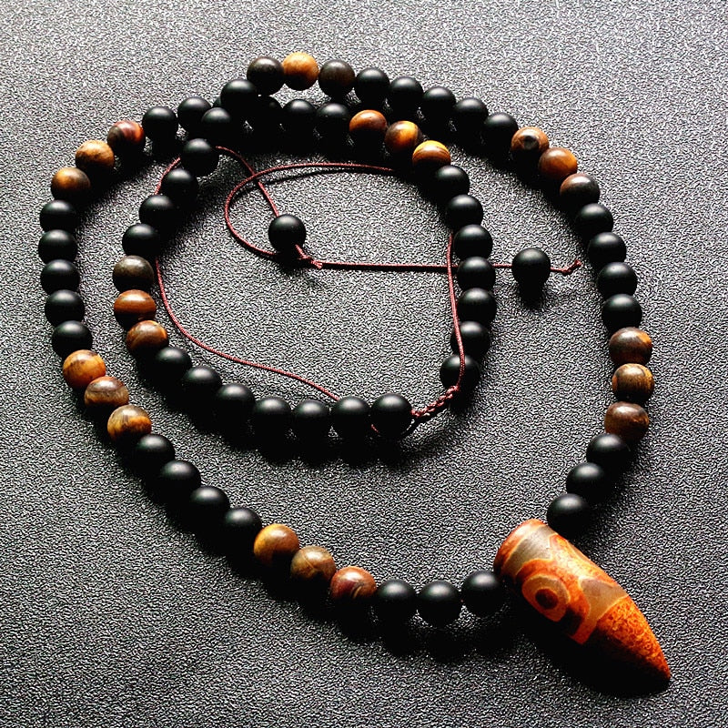 8MM Natural Tiger Eye Stone & Vintage Natural Tibetan Dzi Agates horn tooth pendants necklace