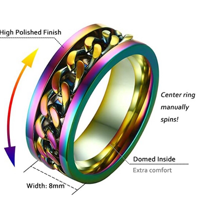 8MM Titanium Stainless Steel 5 Color Rotating Chain Ring Punk Style Personality Men's Ring Jewelry Charm Party Gift