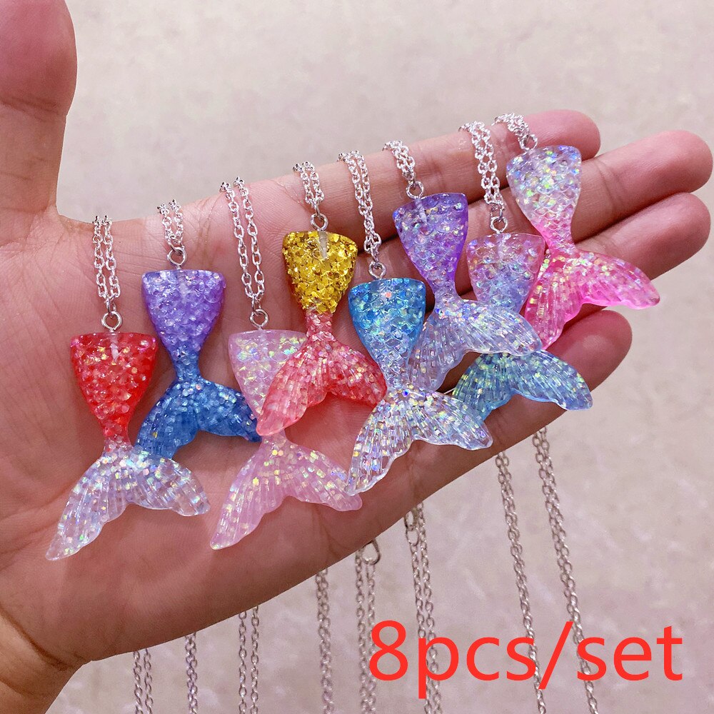 8Pcs Set Colourful Gradient Mermaid Tail And 8 Color Shimmery Fish Scale Charm Necklace Choker For Women Girls Jewelry