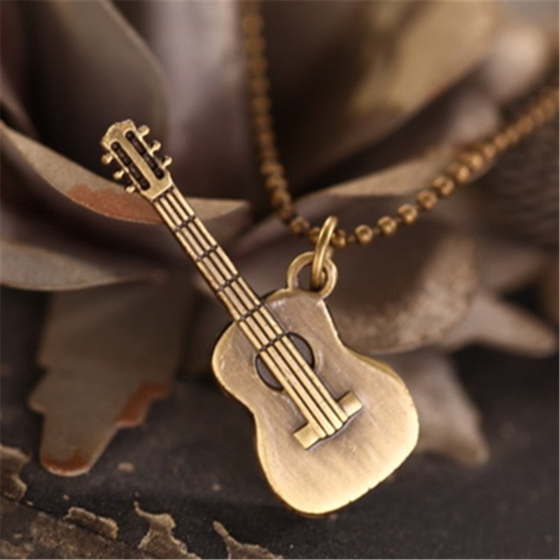 8SEASONS Jewelry Bronze Color Guitar Metal Pendant Vintage Beaded Chain Necklace 3.4cmx1.2cm, 1 Piece