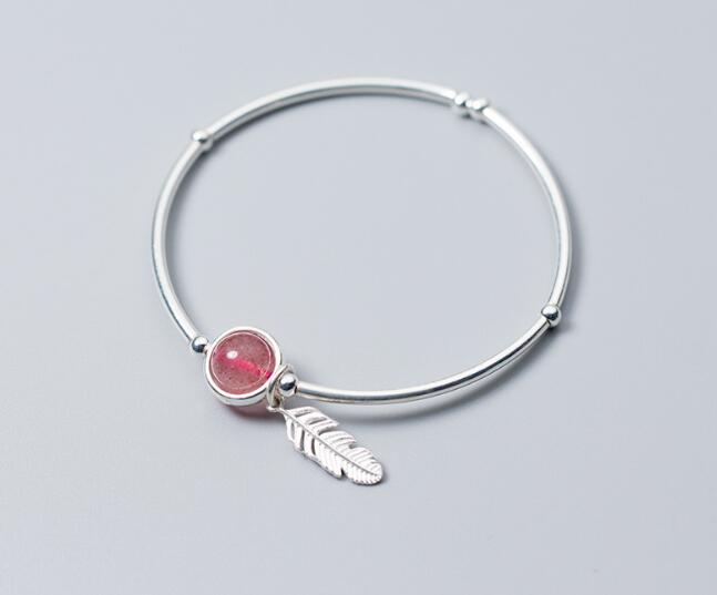 8mm 100% real. 925 Sterling silver Fine Jewelry Natural Strawberry Quartz Stone &Bird Feather cuff Chain Bracelet GTLS563