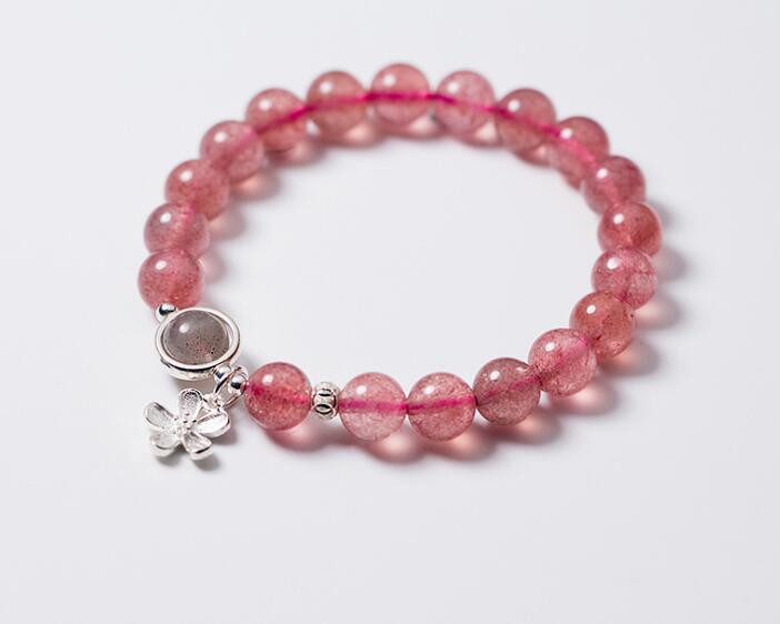 8mm 100% real. 925 Sterling silver Fine Jewelry Natural Strawberry Quartz Stone& Moonstone with Flower Charms Bracelet GTLS601