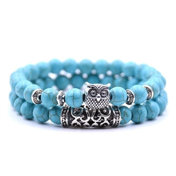 8mm 16 Colors 2Pcs/set Owl Lava Stone Bracelet Set Tiger Eyes Stone Bracelet Homme Couple Charms Friends Bracelets & Bangles