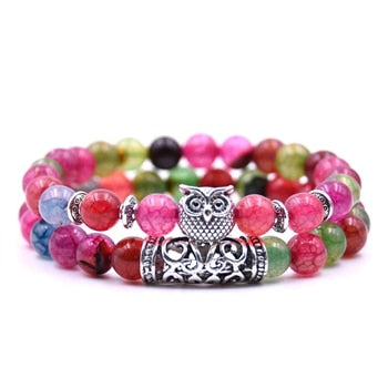 8mm 16 Colors 2Pcs/set Owl Lava Stone Bracelet Set Tiger Eyes Stone Bracelet Homme Couple Charms Friends Bracelets & Bangles
