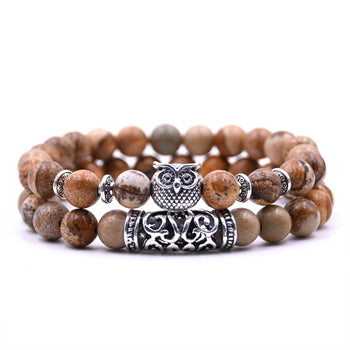 8mm 16 Colors 2Pcs/set Owl Lava Stone Bracelet Set Tiger Eyes Stone Bracelet Homme Couple Charms Friends Bracelets & Bangles