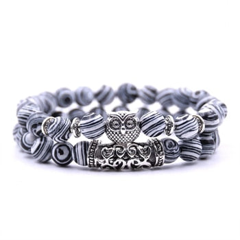 8mm 16 Colors 2Pcs/set Owl Lava Stone Bracelet Set Tiger Eyes Stone Bracelet Homme Couple Charms Friends Bracelets & Bangles