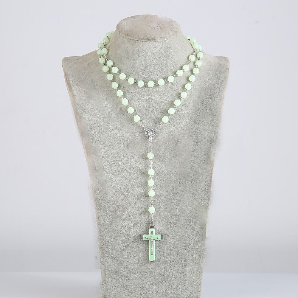 8mm Luminous Rosary Cross Necklace Jesus Christ Cross Pendant Necklace