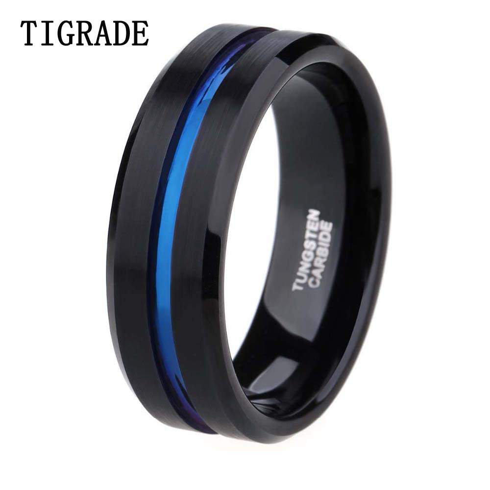 8mm Men Black Tungsten Carbide Ring Thin Blue Line Wedding Band Vintage Men Jewelry Anime Anel Masculino Aneis Alliance
