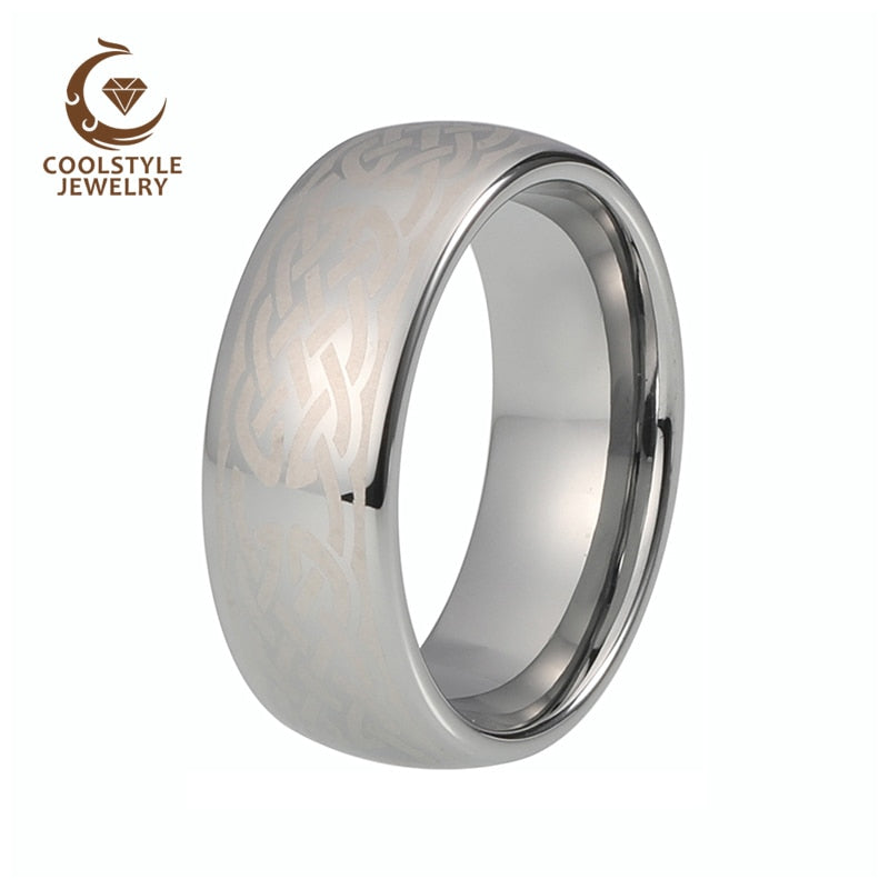 8mm Men's or Ladies Plain Domed Tungsten Carbide Ring Wedding Band with Laser Engraved Knot Design