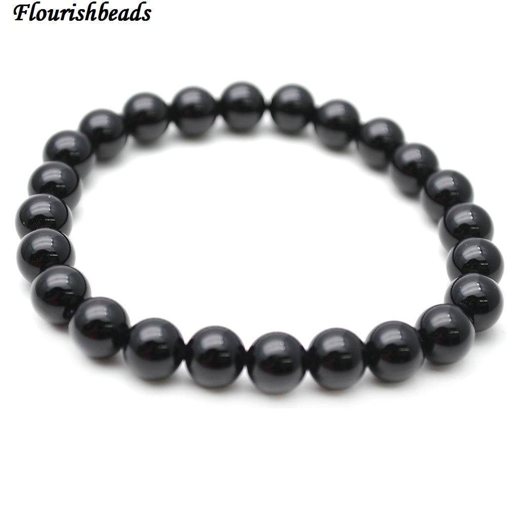 8mm Natural Black Onyx Agate Smooth Stone Round Beads Elastic Line Bracelets Fashion Woman Jewelry