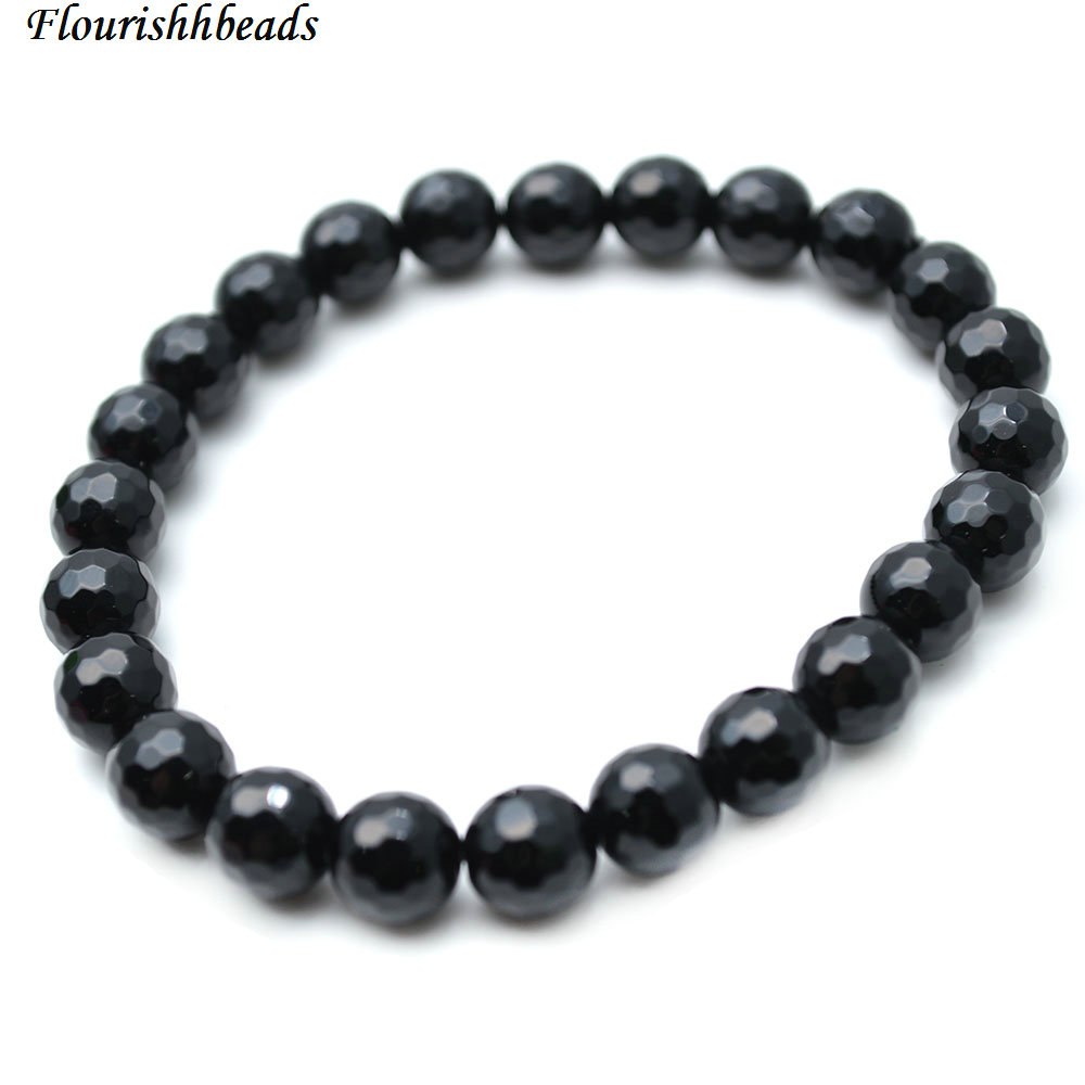 8mm Natural Faceted Black Onyx Agate Stone Round Beads Elastic Line Beaded Bracelets Woman Jewelry