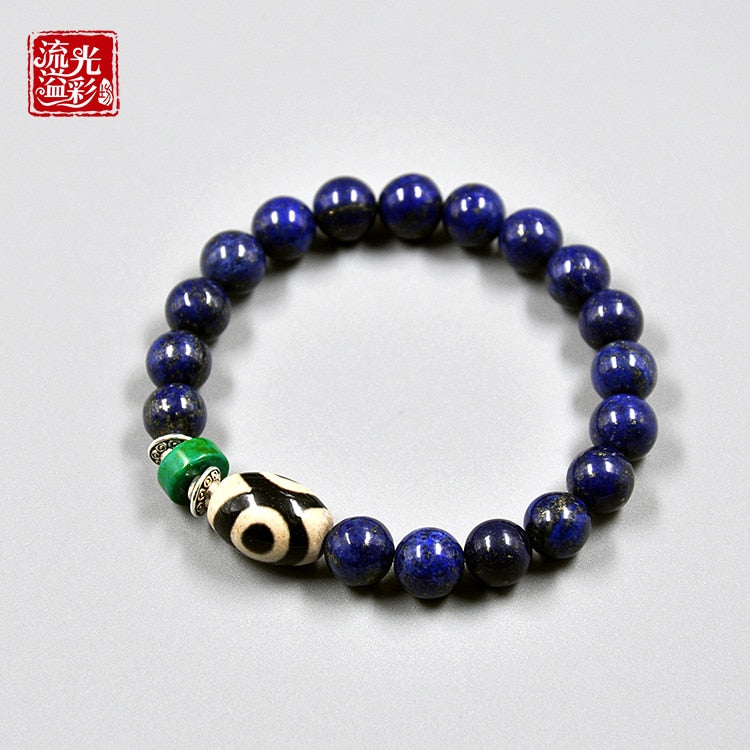 8mm Natural Lapis Lazuli Bracelet with Three Eye Dzi Original Tibet Sytle Ethnic Fashion Single Wrap Prayer Bead