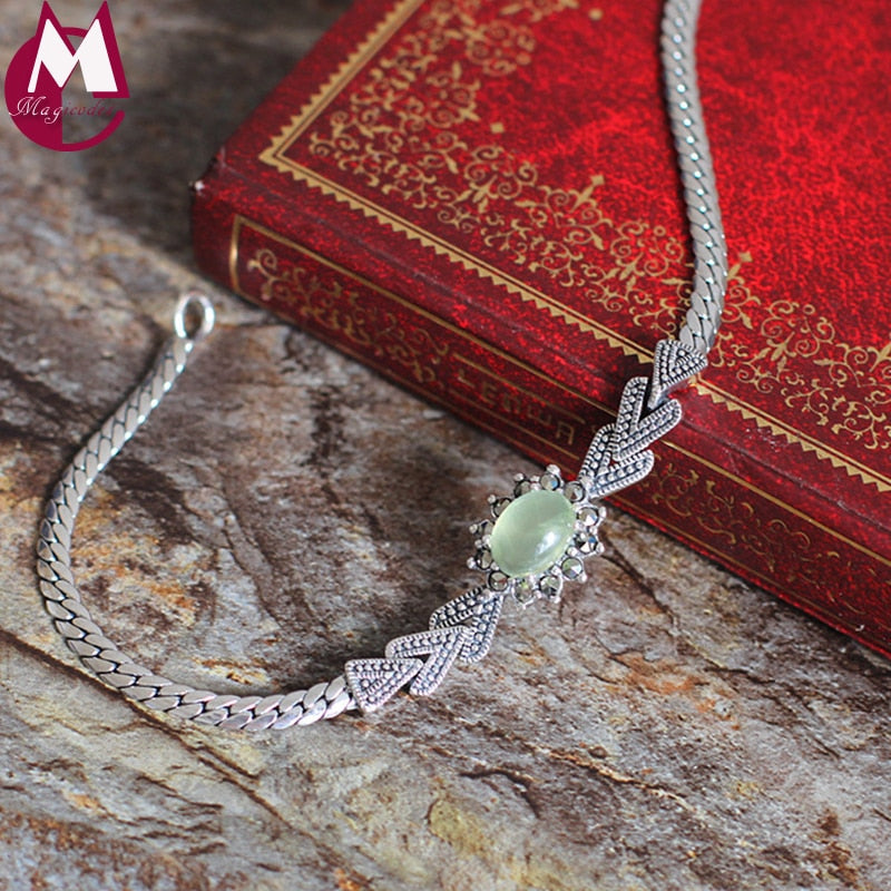 8mm Size Natural Prehnite Bracelet For Women Elegant Flower Design 925 Sterling Silver Bangle Chain Party Gift Fine Jewelery