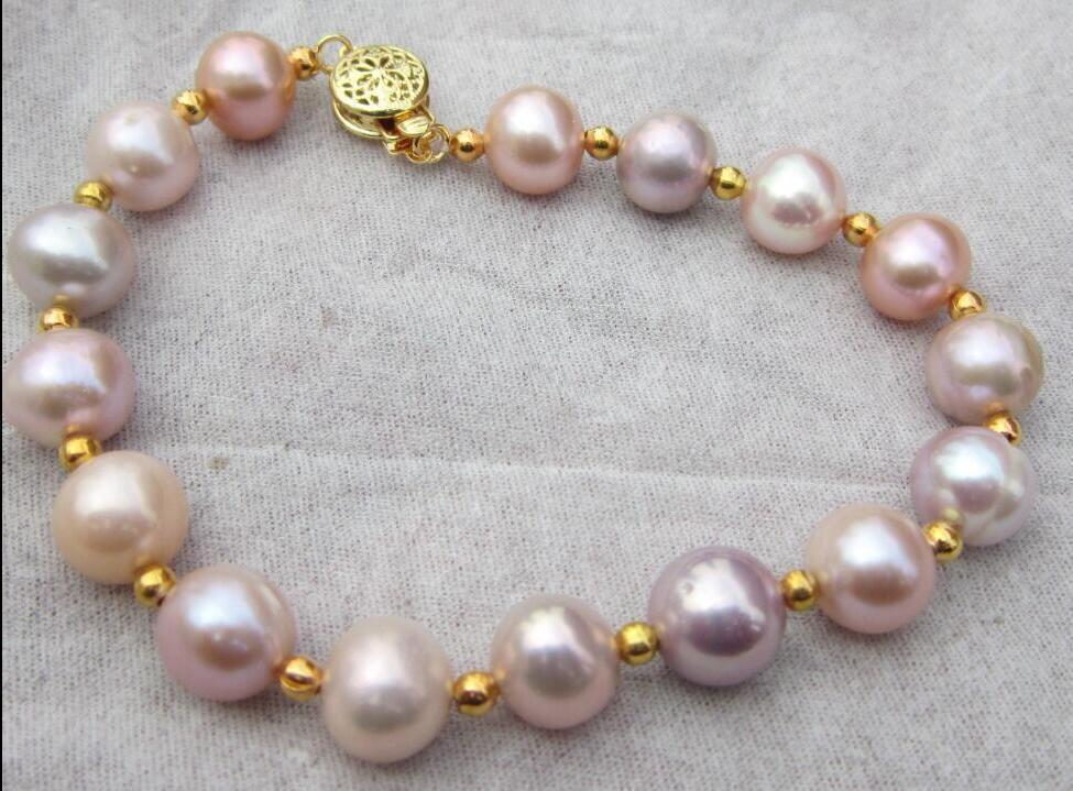 9-10MM NATURAL SOUTH SEA PINK PURPLE PEARL BRACELET 14K/20 GOLD