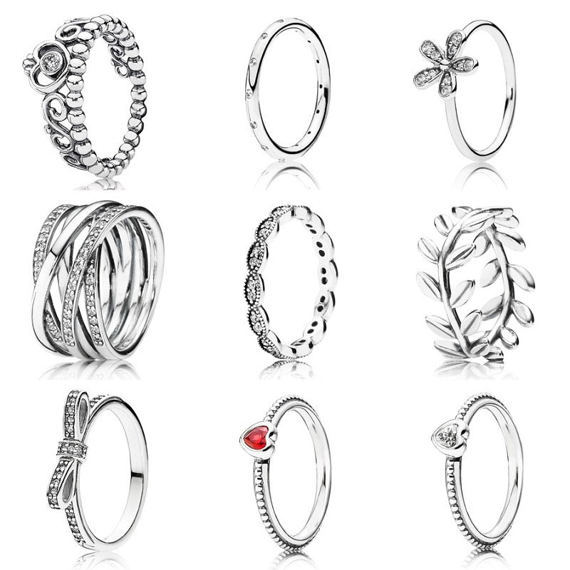 9 Style 1 Pcs Women 925 Sterling Silver Rings Jewelry Flower Crown Bowknot Heart Style Ring for Women