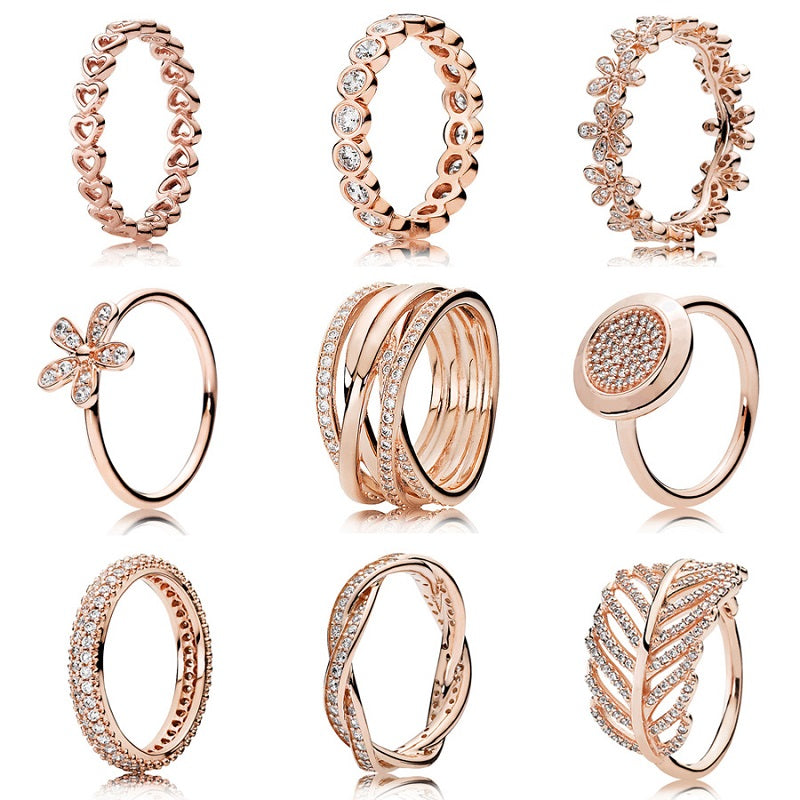 9 Style 1 Pcs Women 925 Sterling Silver Rings Jewelry Rose Gold Color Heart Flower Leaf Crystal Style Ring for Women