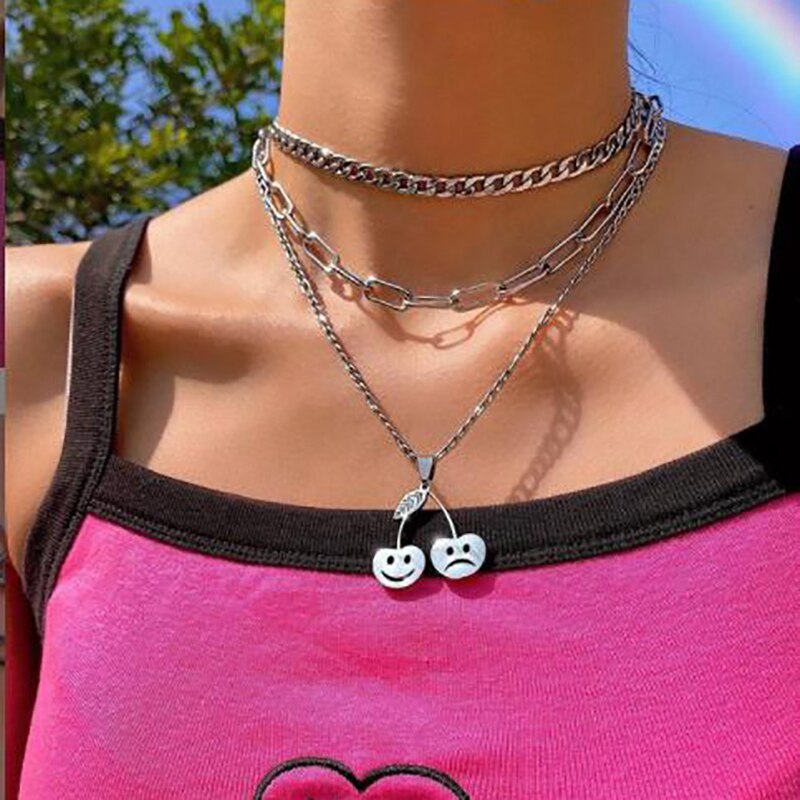 90s Aesthetics Cherry Pendant Necklace For Women Punk Hip Hop Unisex Jewelry Figaro Chain
