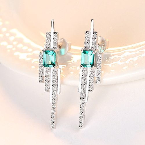 925 Charms Sterling Silver Square Emerald Blue-Green Gemstone with Tiny CZ Stud Earrings for Women Fine Jewelry