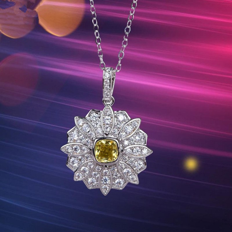 925 Pure Silver Topaz Pendant Necklace by Grand Brand New Fashion Style Sunflower - Shaped Yellow Natural Gem Exquisite