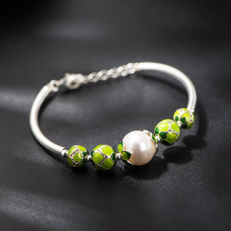 925 Silver Bracelet Cloisonne Blue Craft Jewelry Small Beads Inlaid Natural Pearl Bracelet