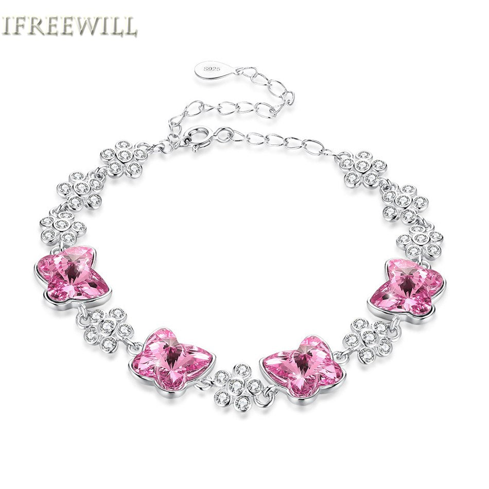 925 Silver Bracelet for Woman Element pink Crystal Butterfly Modeling hand jewelry