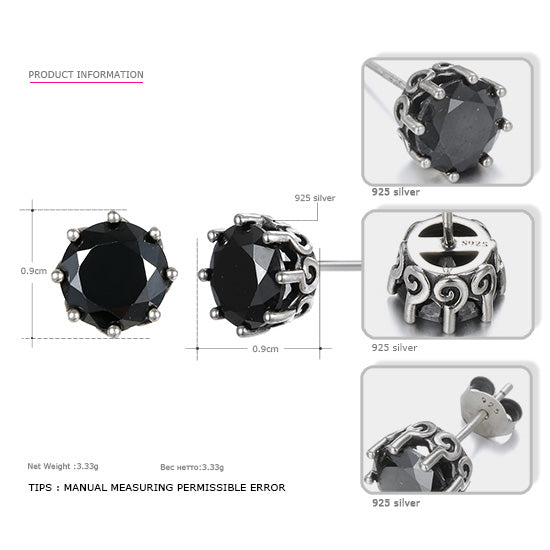 925 Silver Crown Stud Earrings Zircon Black Trendy Wedding Party Round Earrings Fashion Women Wholesale Gift You Me