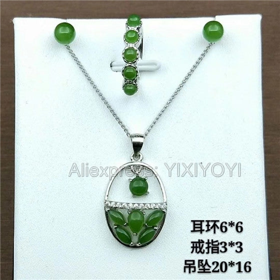 925 Silver Green HeTian Jade Jasper Beads Inl Dangle Lucky Pendant + Chain Necklace Earring Ring Woman's Fine Jewelry Set