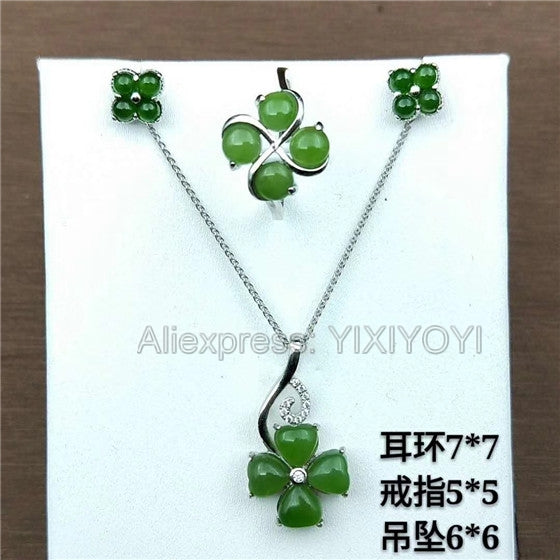 925 Silver Green HeTian Jade Jasper Beads Inl Flower Dangle Lucky Pendant + Chain Necklace Earring Ring Fine Jewelry Set