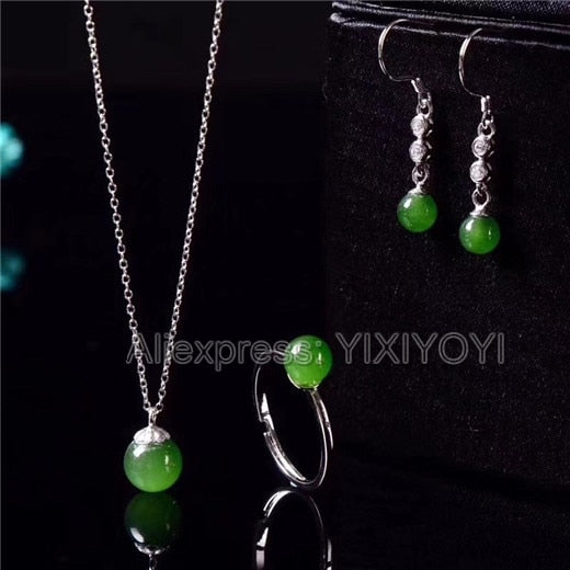 925 Silver Green HeTian Jade Jasper Beads Round Dangle Lucky Pendant + Chain Necklace Earring Ring Set Woman's Fine Jewelry
